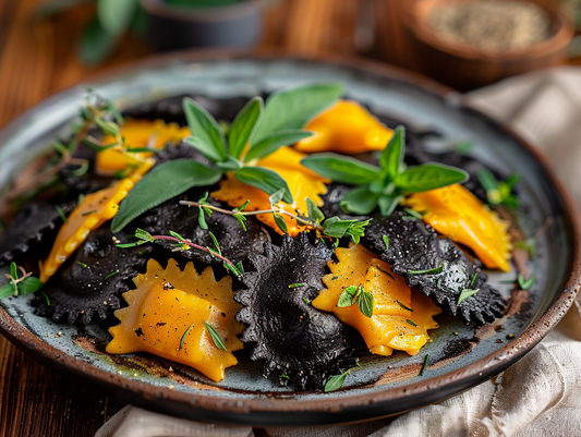 black and orange ravioli