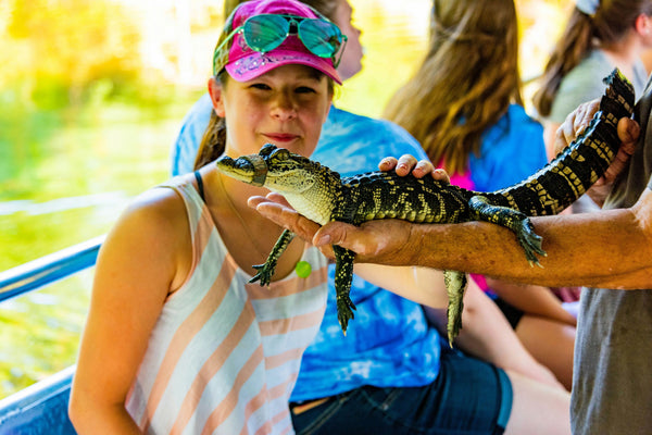 girl looking at gator