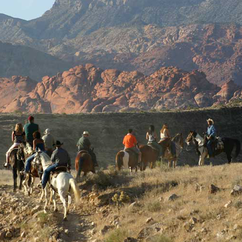 line of horseback riders at sunset