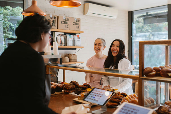 smiling and laughing getting food