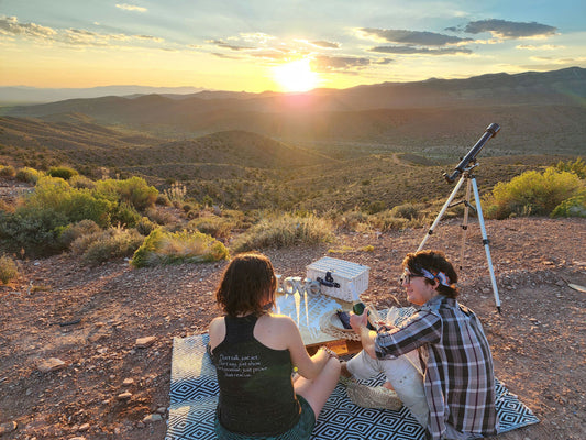 couple sheersing at sunset